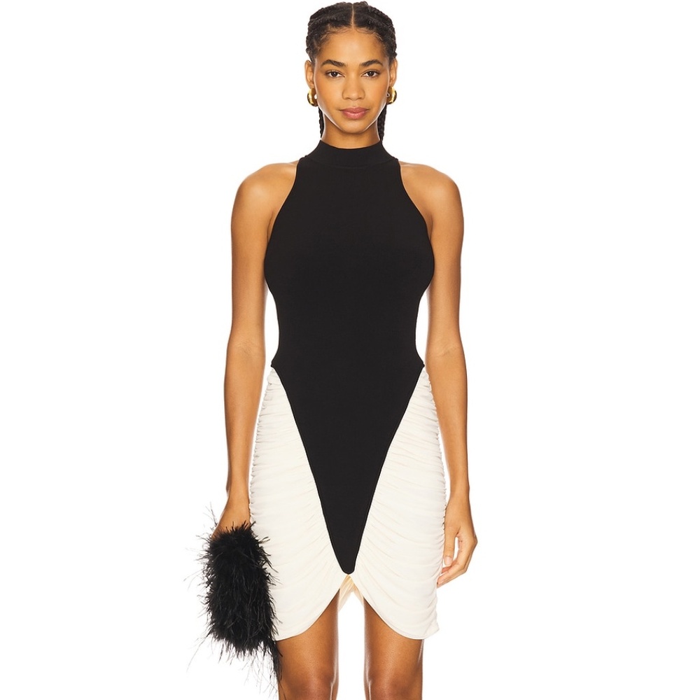 Black and White High-Neck Midi Dress